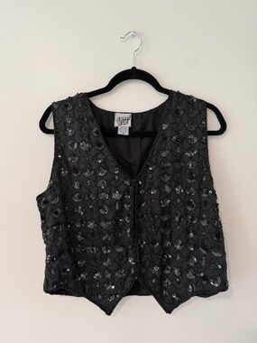 Vintage Sweet Sue 100% Silk Black Sequin Beaded Vest 90s Y2K Evening Top Women M